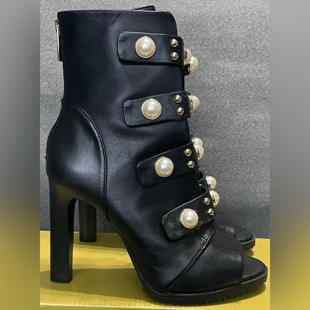 Karl Lagerfeld Brayden Leather Bootie Faux Pearl Peep Toe High Heel Black 7M